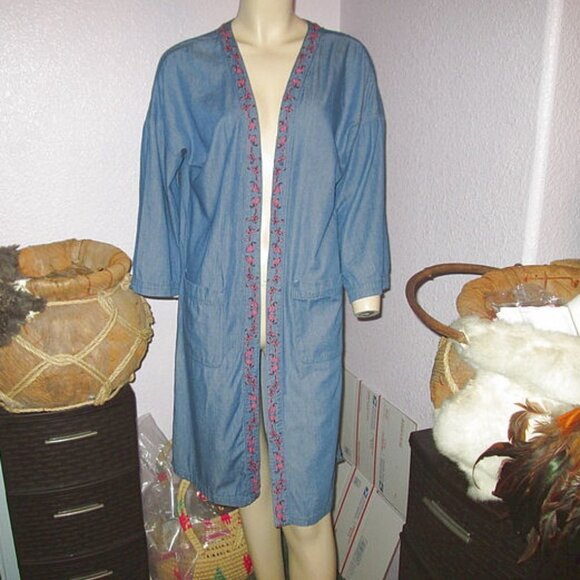 Vtg Embroidered Duster Cardigan Size M Pockets Kimono Bird Artsy Festival Y2K - Picture 3 of 11